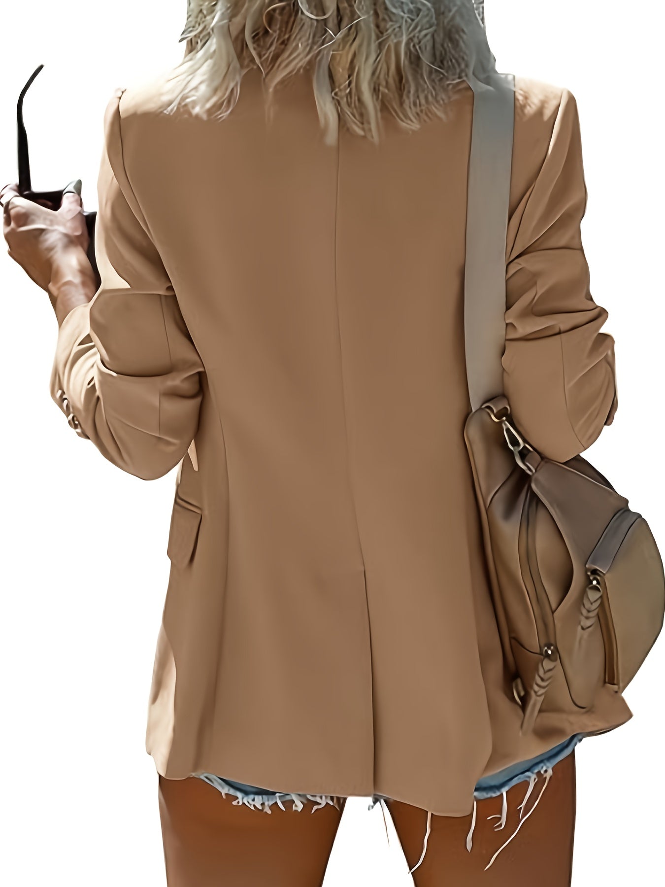 Elegant Women's Single-Breasted Blazer - Chic Beige Polyester Jacket with Lapel Collar, Long Sleeves for Work and Casual Wear