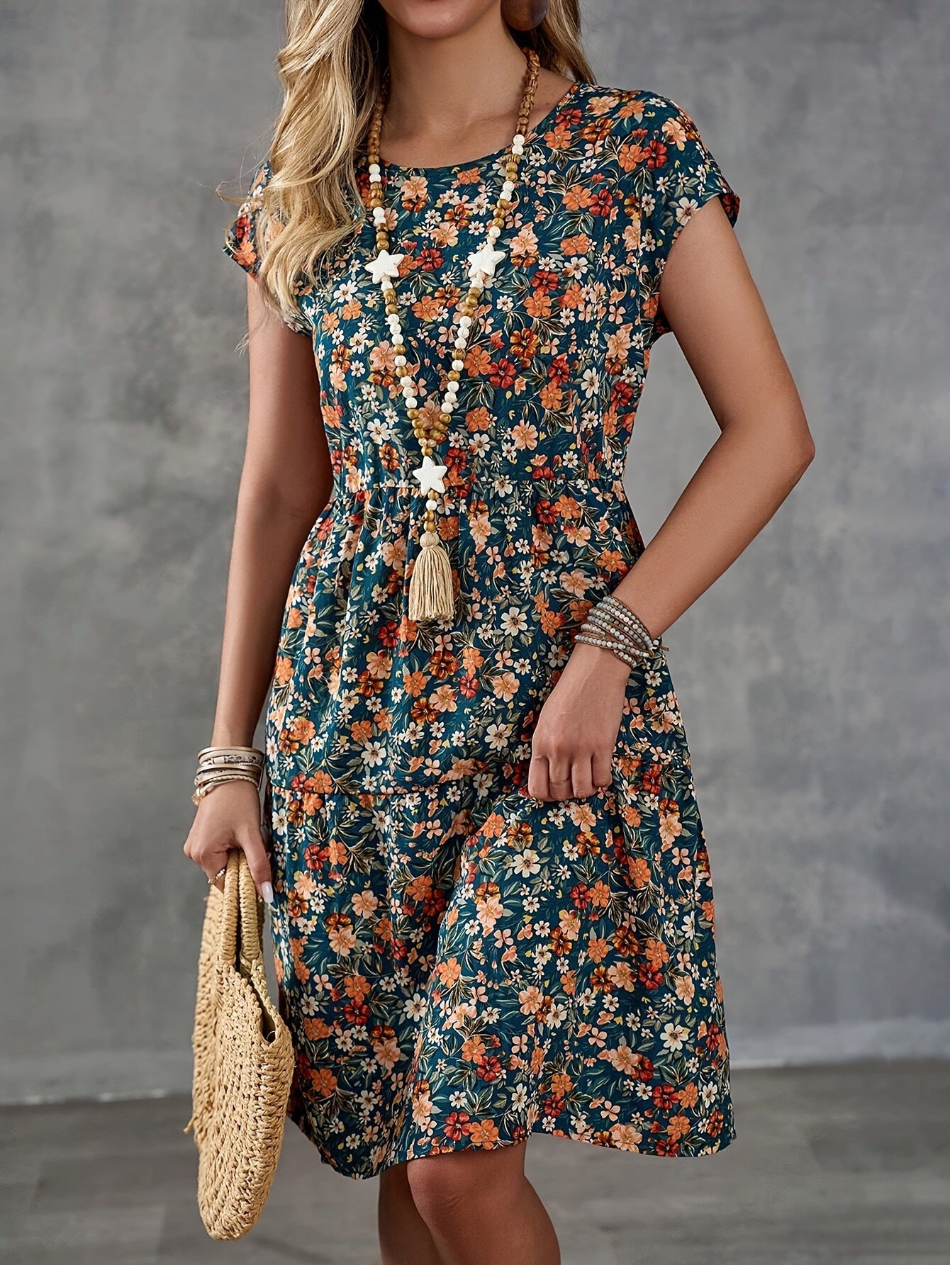 Floral Print A-Line Dress - Resort Style Short Sleeve Crew Neck Midi Dress