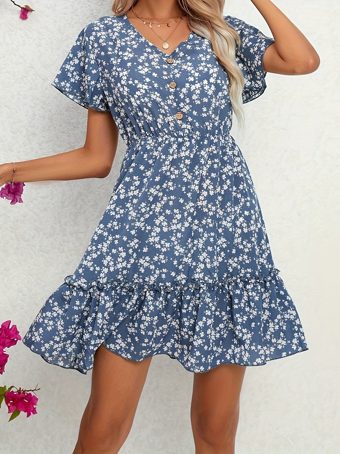 Sleeveless Elegant Floral V Neck Mini Dress