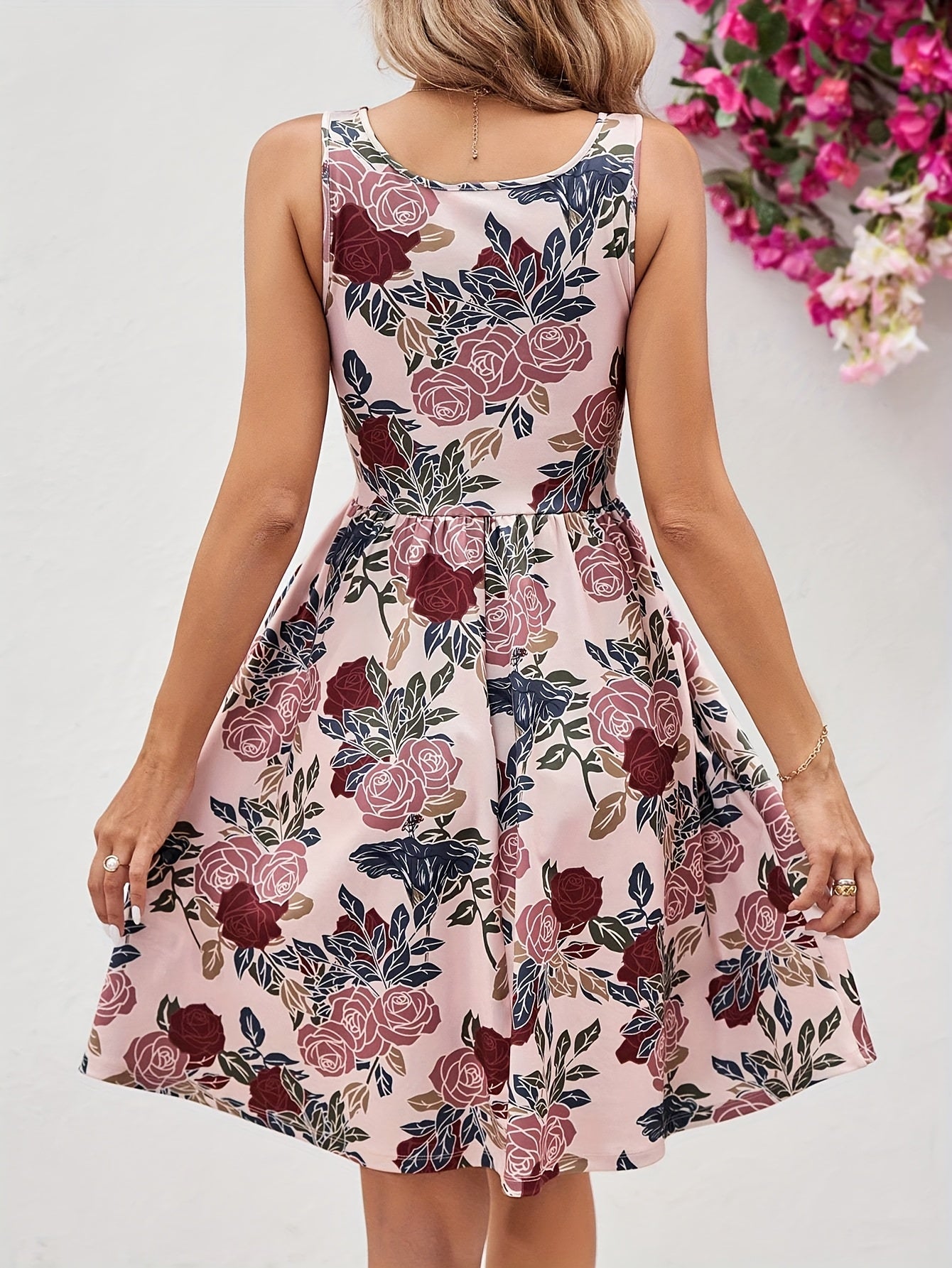 YY1216100 Women's Floral Print A-Line Sleeveless Vest Dress (YY631X)