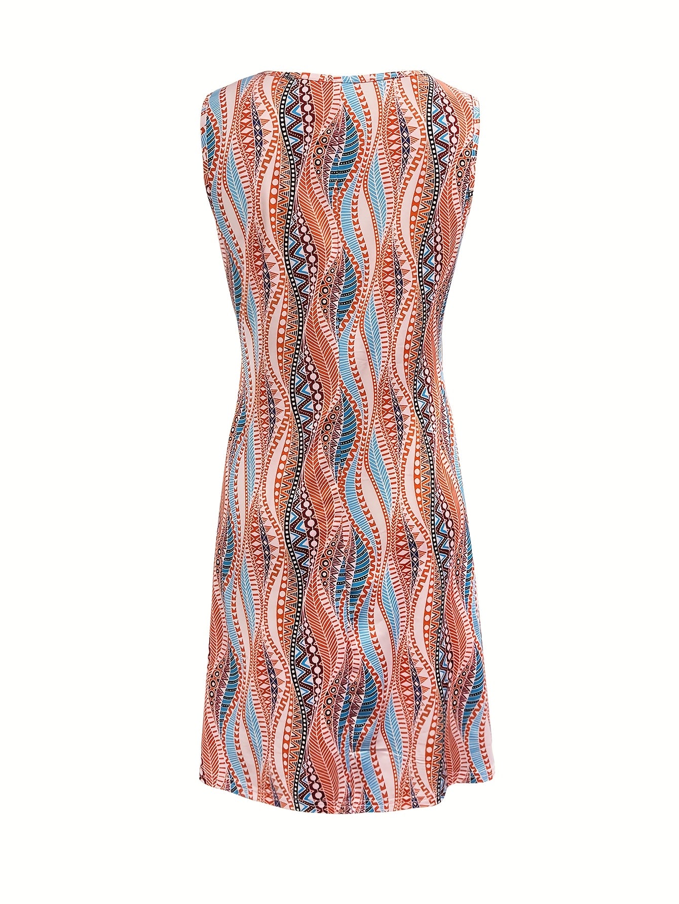 Women's Vibrant Geometric Print Sleeveless Dress - Short, Crew Neck