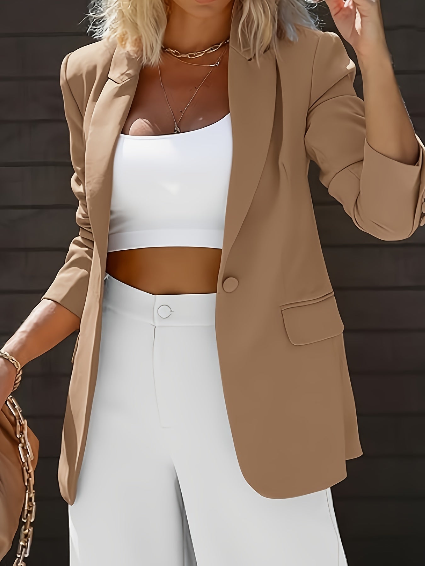Elegant Women's Single-Breasted Blazer - Chic Beige Polyester Jacket with Lapel Collar, Long Sleeves for Work and Casual Wear