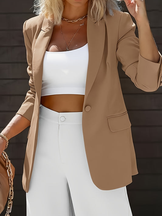 Elegant Women's Single-Breasted Blazer - Chic Beige Polyester Jacket with Lapel Collar, Long Sleeves for Work and Casual Wear